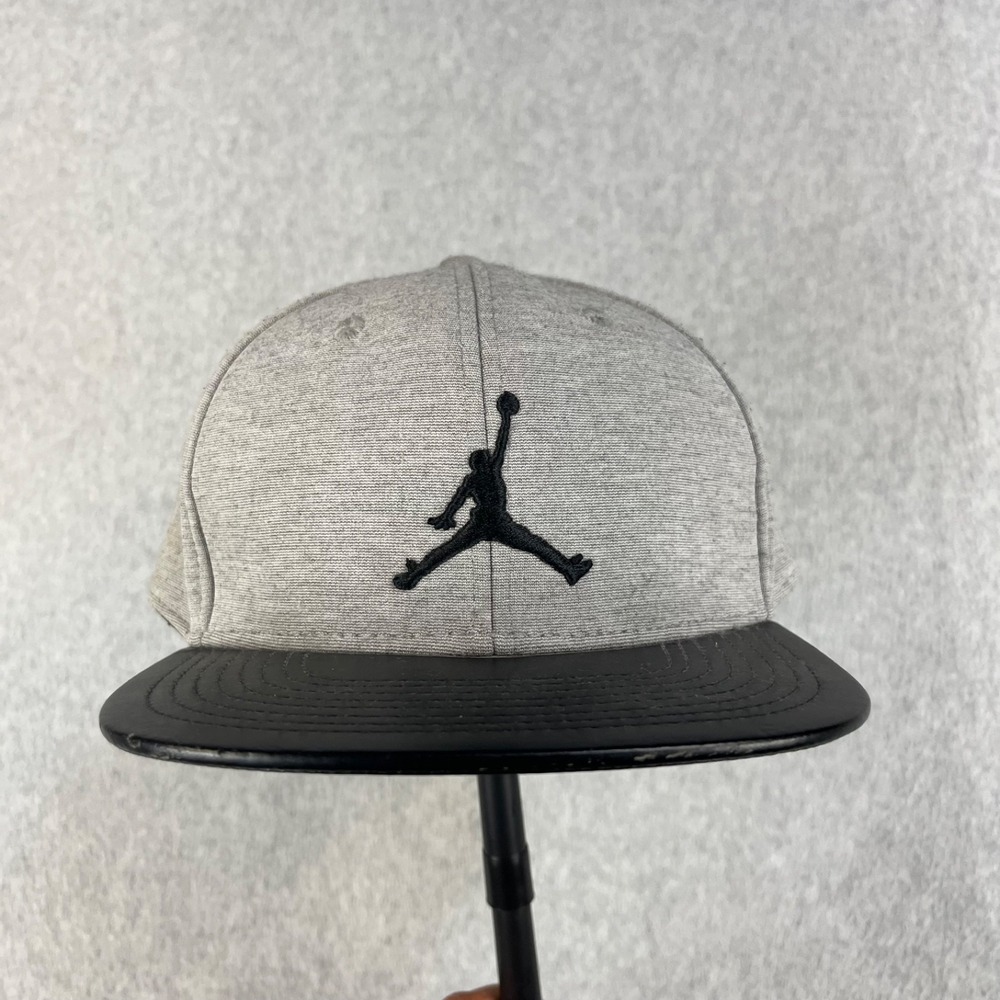 Jordan Snapback Hat Cap Youth Size Gray Black Leather Brim Adjustable Basketball